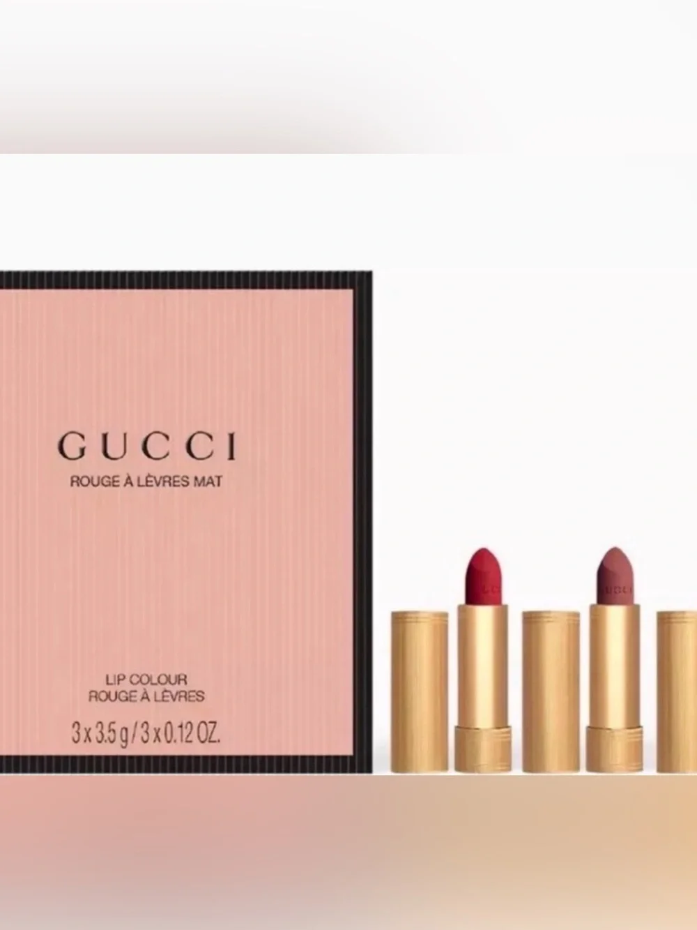 Gucci Travel Size Matte Lipstick Set — Gold Case with Deep Red Shade